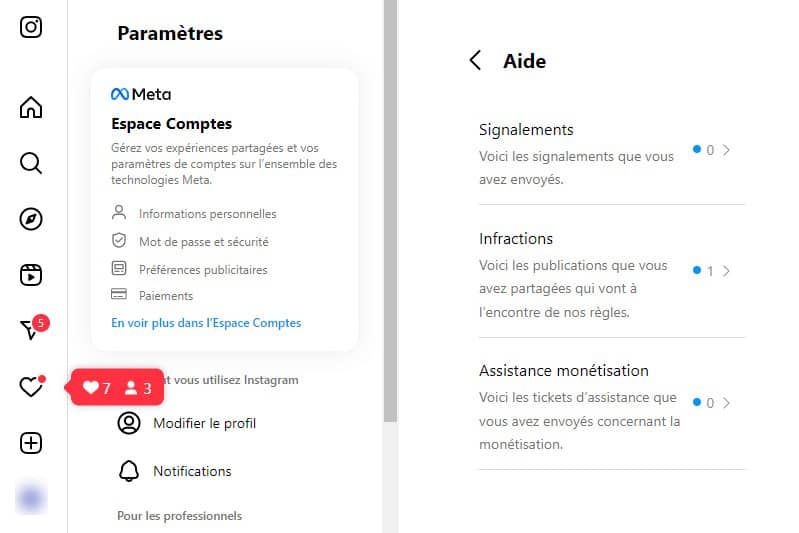 instagram paramètres aide
